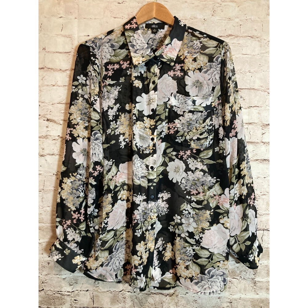 Ellos‎ Top Womens 16 Black Floral Button Up Lightweight Plus Long Sleeve
